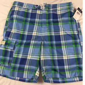 NWT Swim CHAPS Mens Size Large Blue White Tartan PLAID Cargo Pocket Swim TRUNKS‎